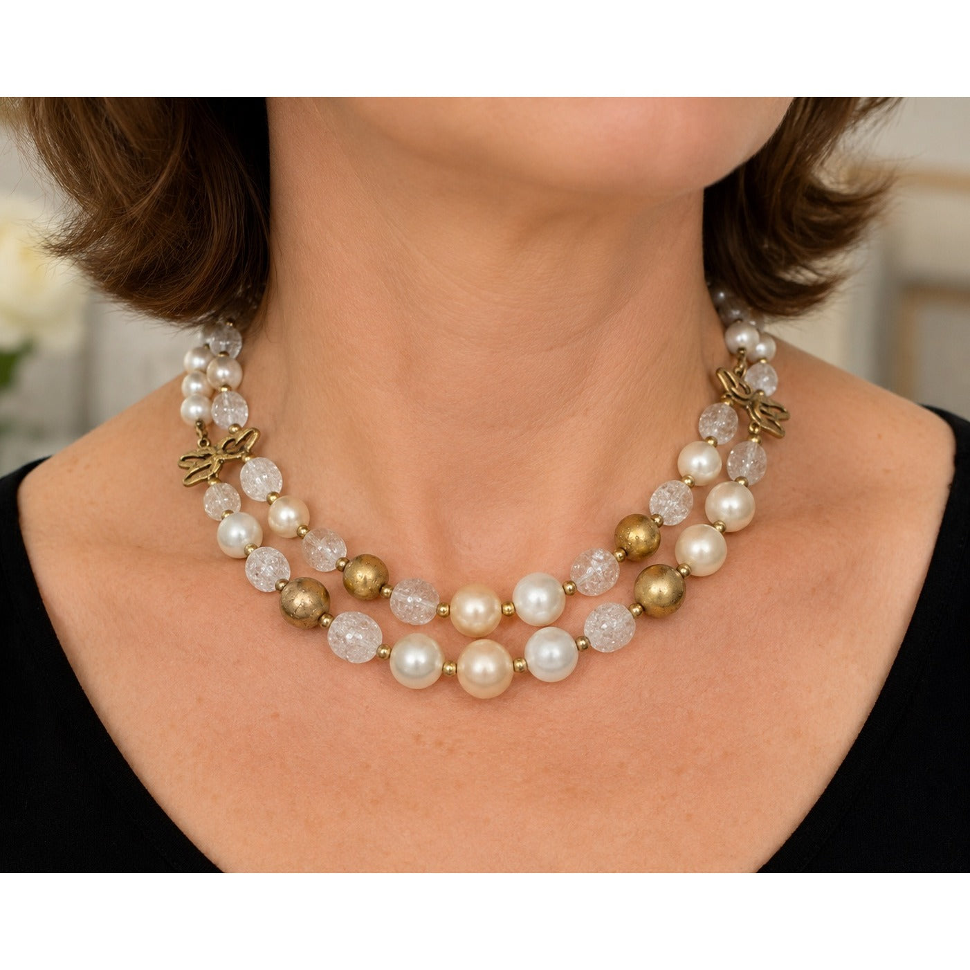 Vintage Deauville Double Strand Faux Pearl Crackle Bead Dragonfly Necklace 14"
