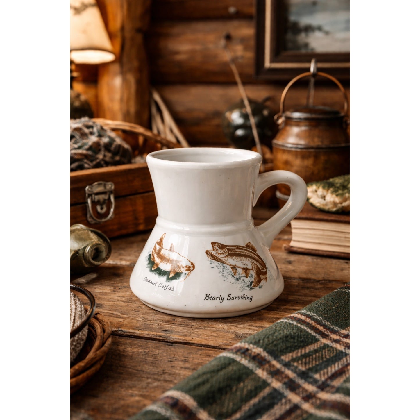 Vintage Bearly Surviving Fishing Mug Largemouth Bass Channel Catfish 1984