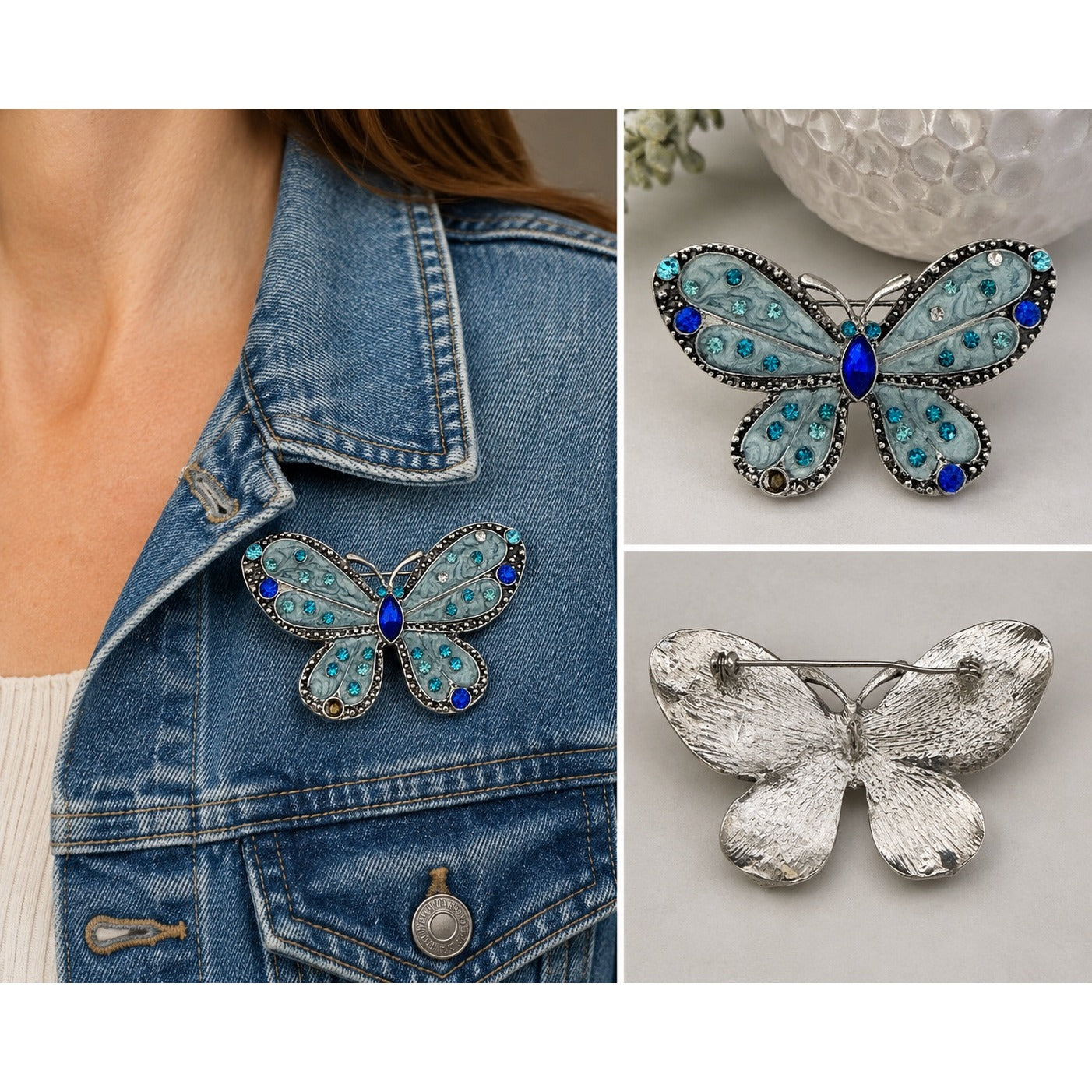 Vintage Blue Butterfly Brooch Rhinestone Silver Tone Aqua Cobalt Statement Pin