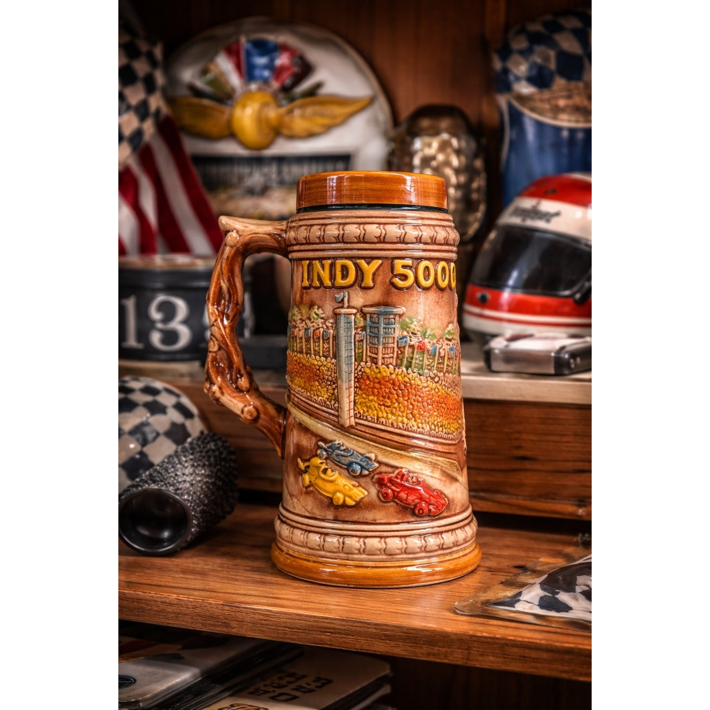 Vintage Indy 500 Ceramic Stein Mug Indianapolis Speedway Hall of Fame Japan