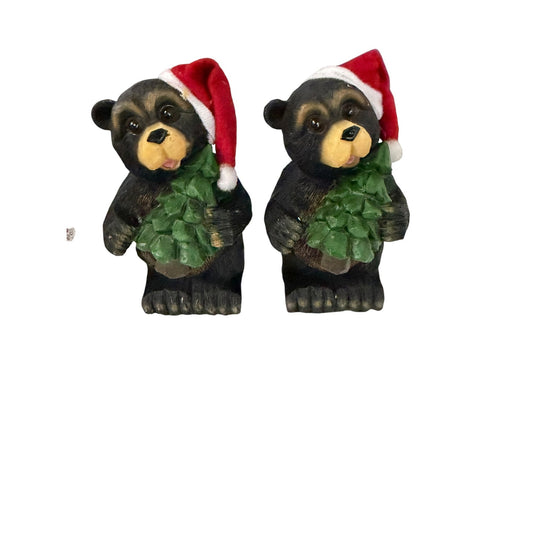 Set of 4 Vintage Christmas Black Bear Figurines Santa Hats Trees Gifts Resin Holiday Decor