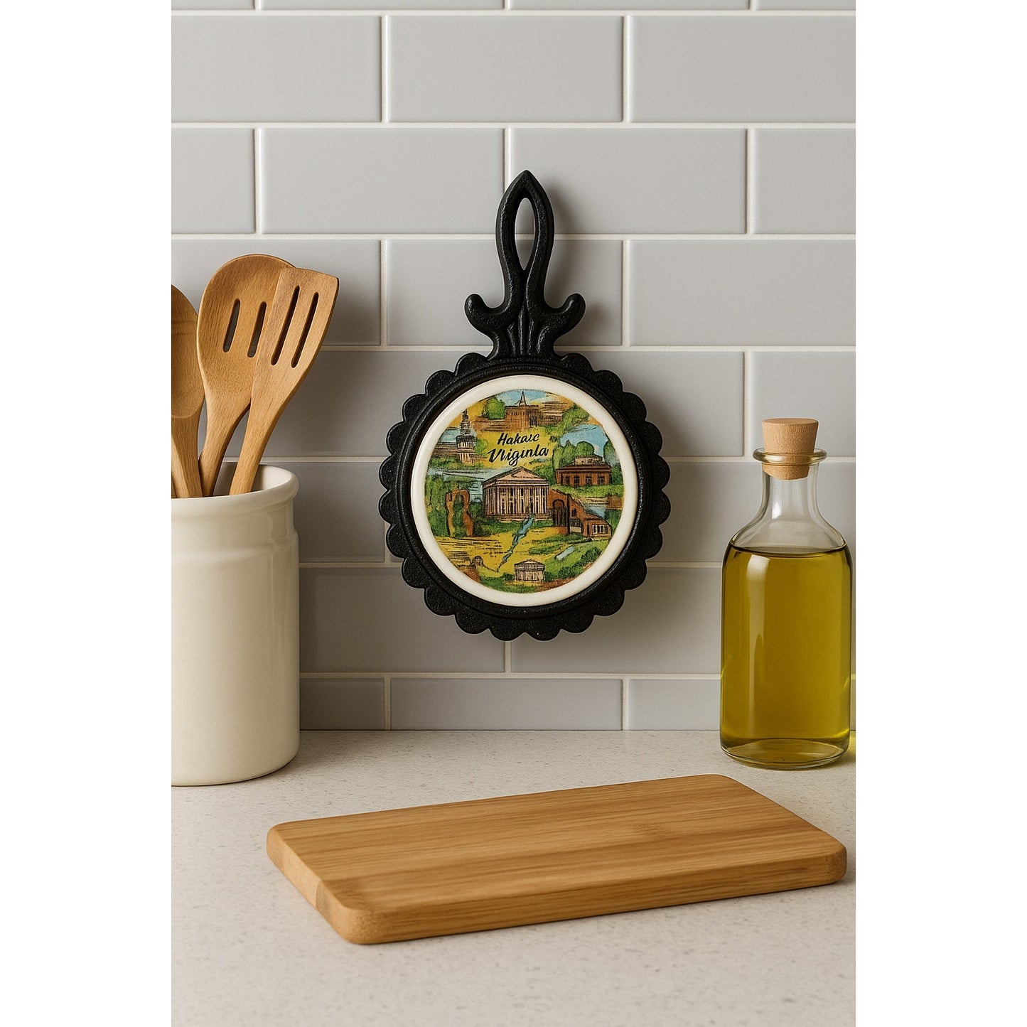 Vintage Historic Virginia Souvenir Trivet Cast Iron Stand Scenic Tile Wall or Table Display