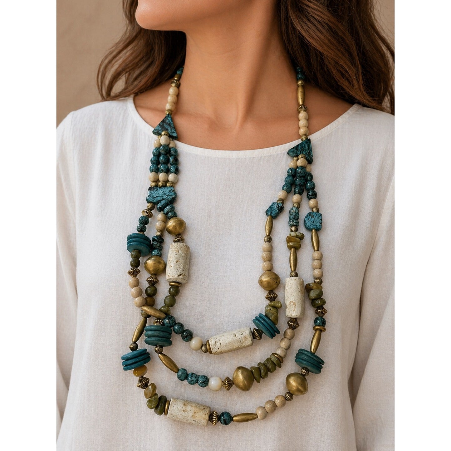 Vintage Multi Strand Beaded Necklace 24” Turquoise Stone Brass Boho Statement Jewelry