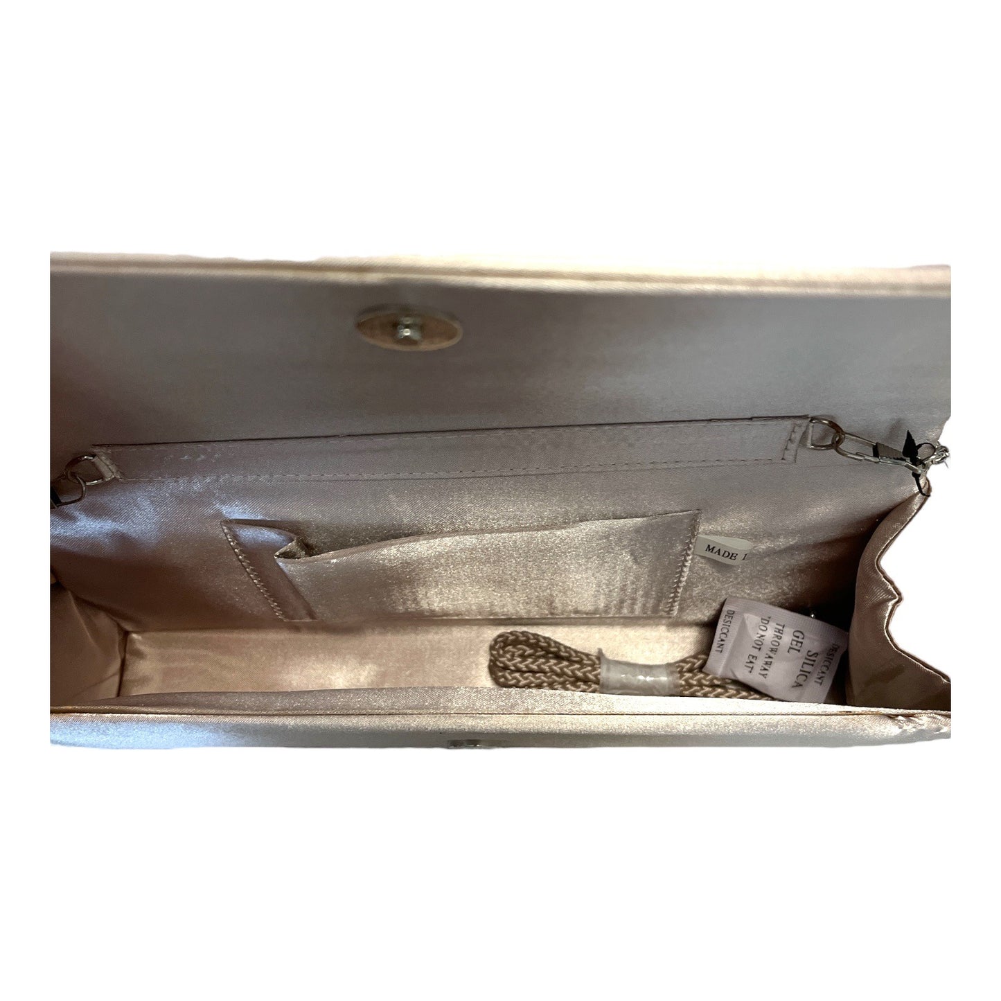 Sasha Champagne Satin Clutch Purse with Two Interchangeable Straps – New with Tags – 10"x4"x2"