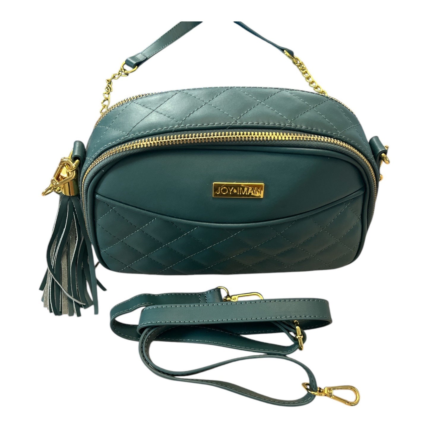 Quilted Green Crossbody Shoulder Bag With Gold Chain & Tassel By Joy & Iman