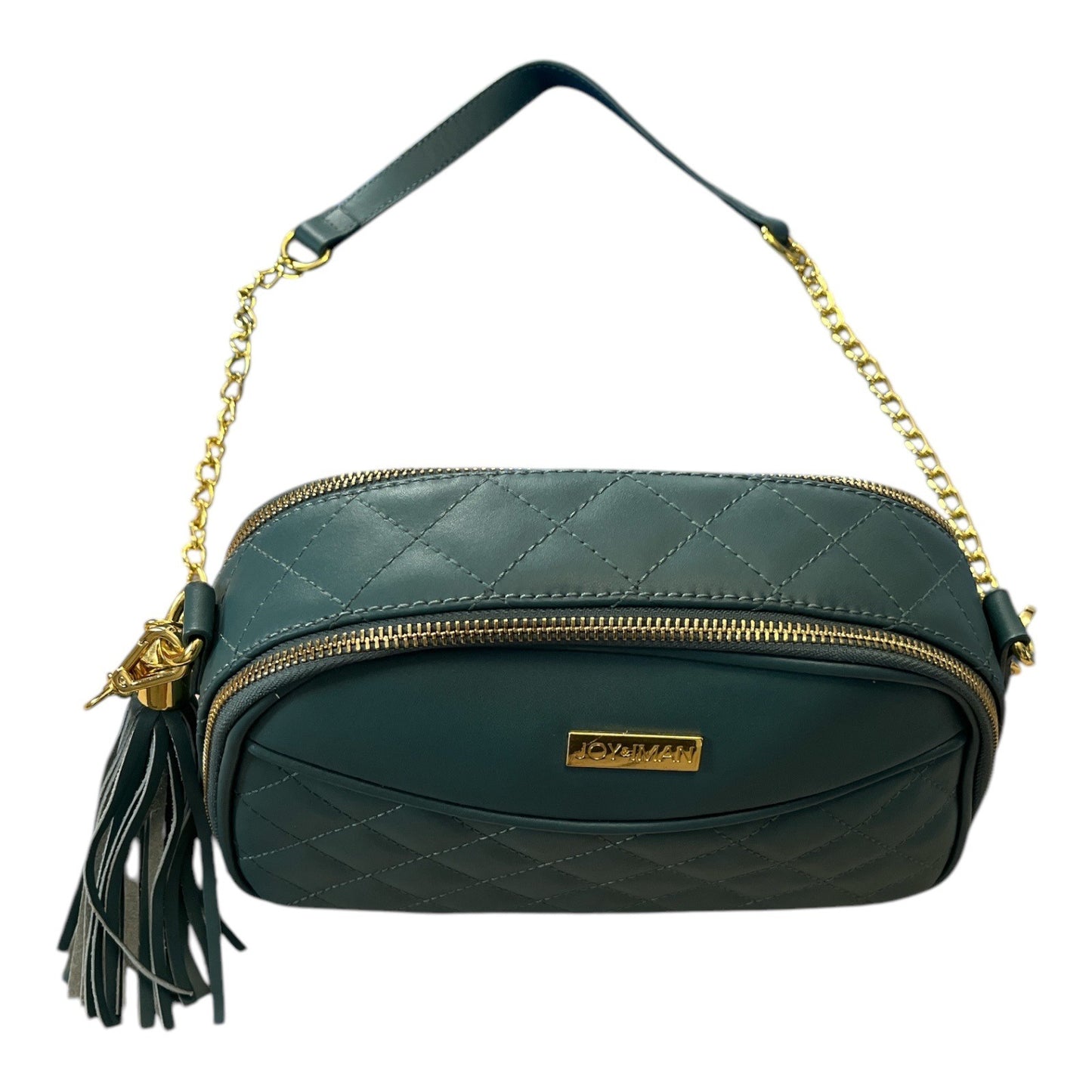 Quilted Green Crossbody Shoulder Bag With Gold Chain & Tassel By Joy & Iman