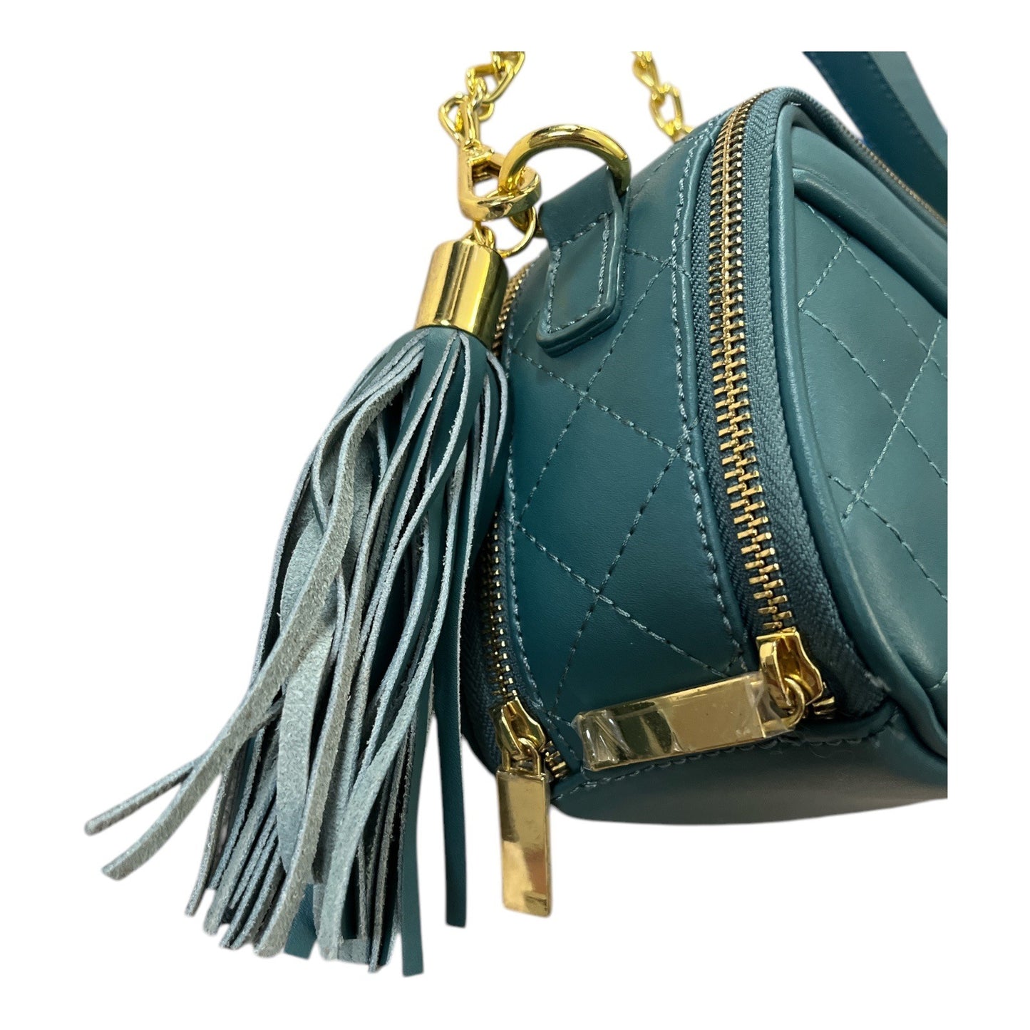 Quilted Green Crossbody Shoulder Bag With Gold Chain & Tassel By Joy & Iman