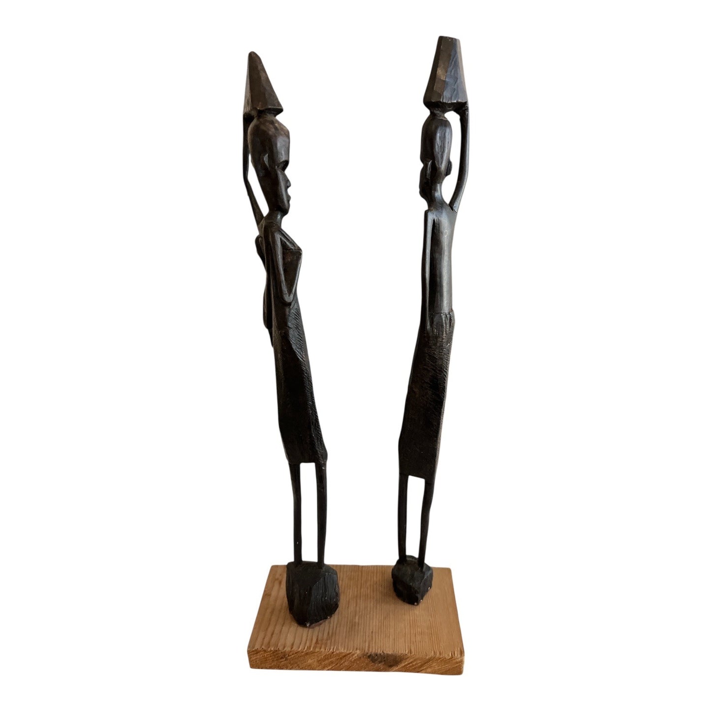 Vtg Hand-Carved Wooden Sculpture – African Tribal Figures Carrying Vessels, 15”