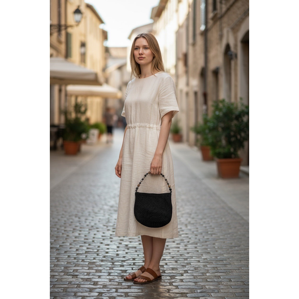 Cappelli Straworld Black Woven Handbag Beaded Handle Y2K Shoulder Bag