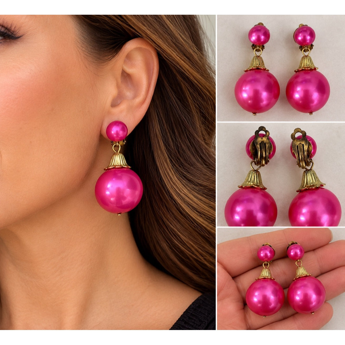 Vintage 1960s Hot Pink Faux Pearl Clip On Dangle Earrings Oversized Mod