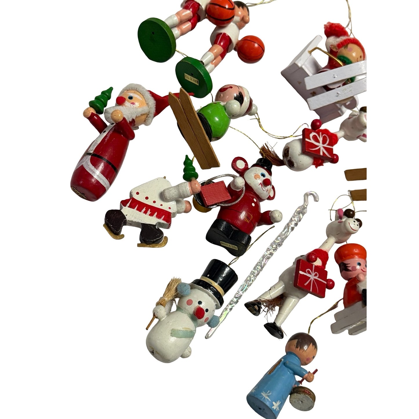 Vintage Lot of 14 Wooden Christmas Ornaments Taiwan Santa Snowman Reindeer Skier Angel