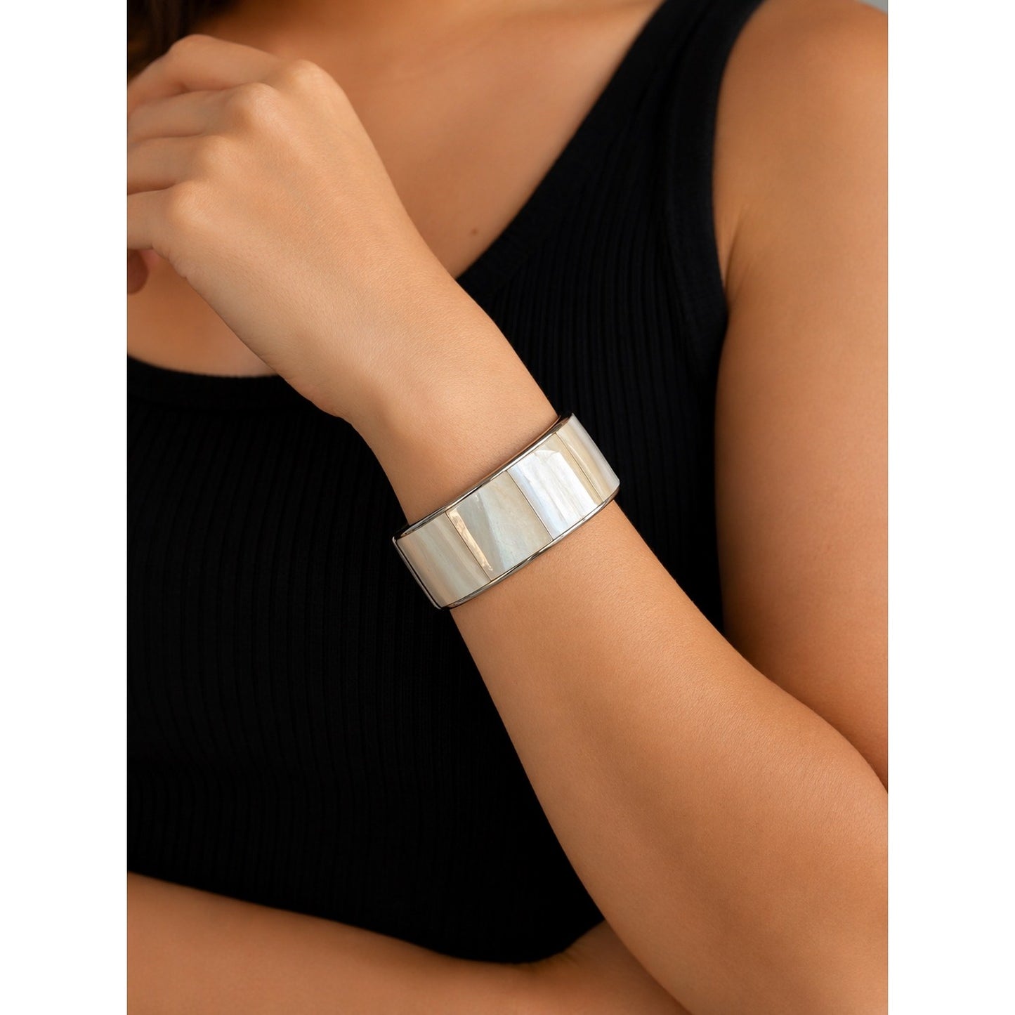 Vintage Mother of Pearl Cuff Bracelet Made in Philippines Wide Shell Inlay Statement Jewelry