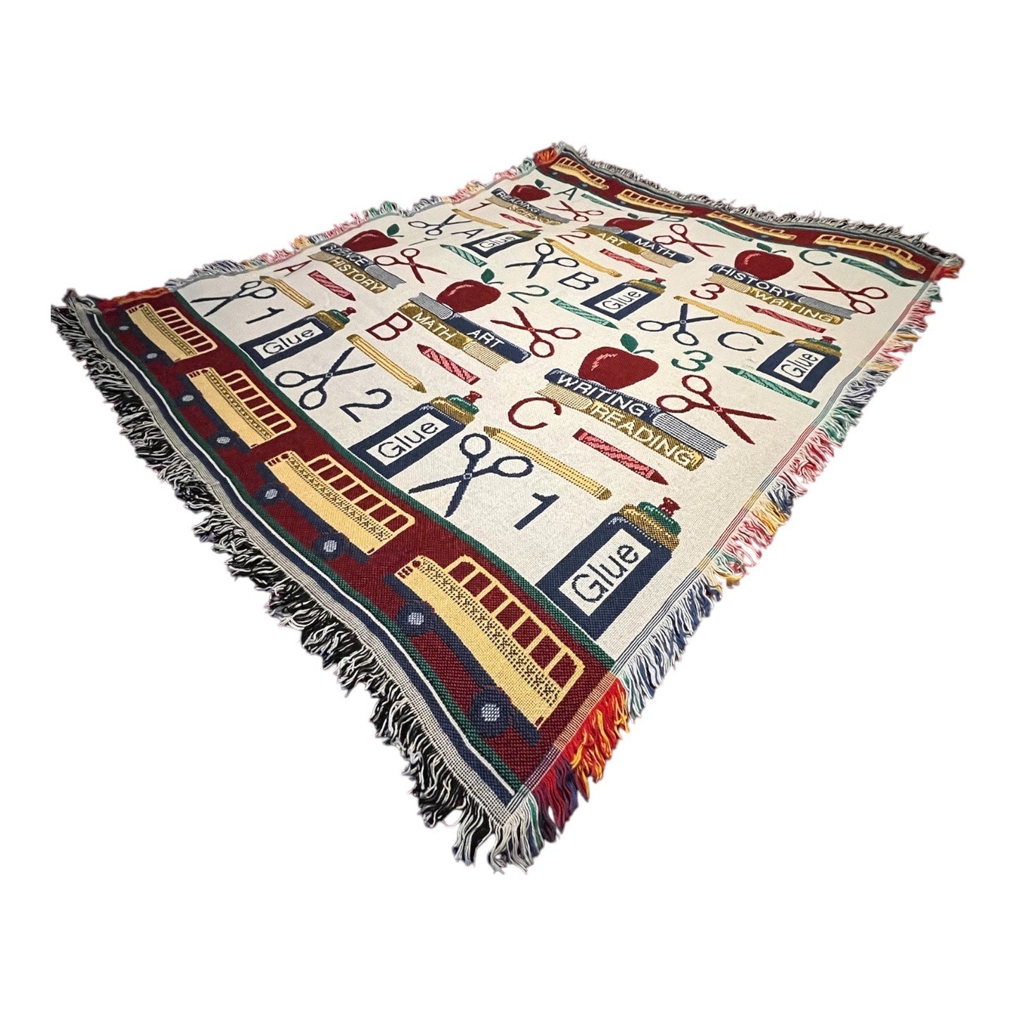 VTG Goodwin Weavers Teacher Throw Blanket – School Classroom Bus Books Apples