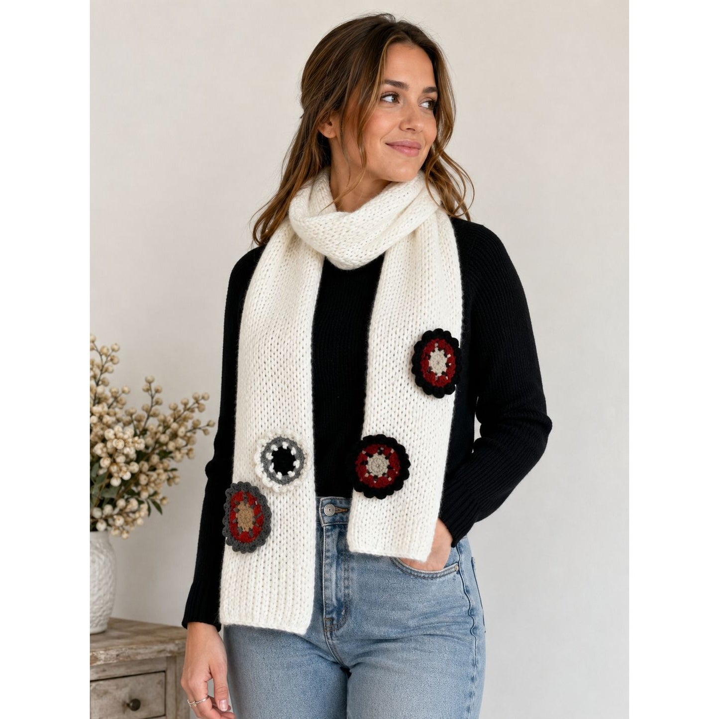 Vintage Hand Knit White Scarf Crochet Appliqué Flowers Long Winter Boho 64"
