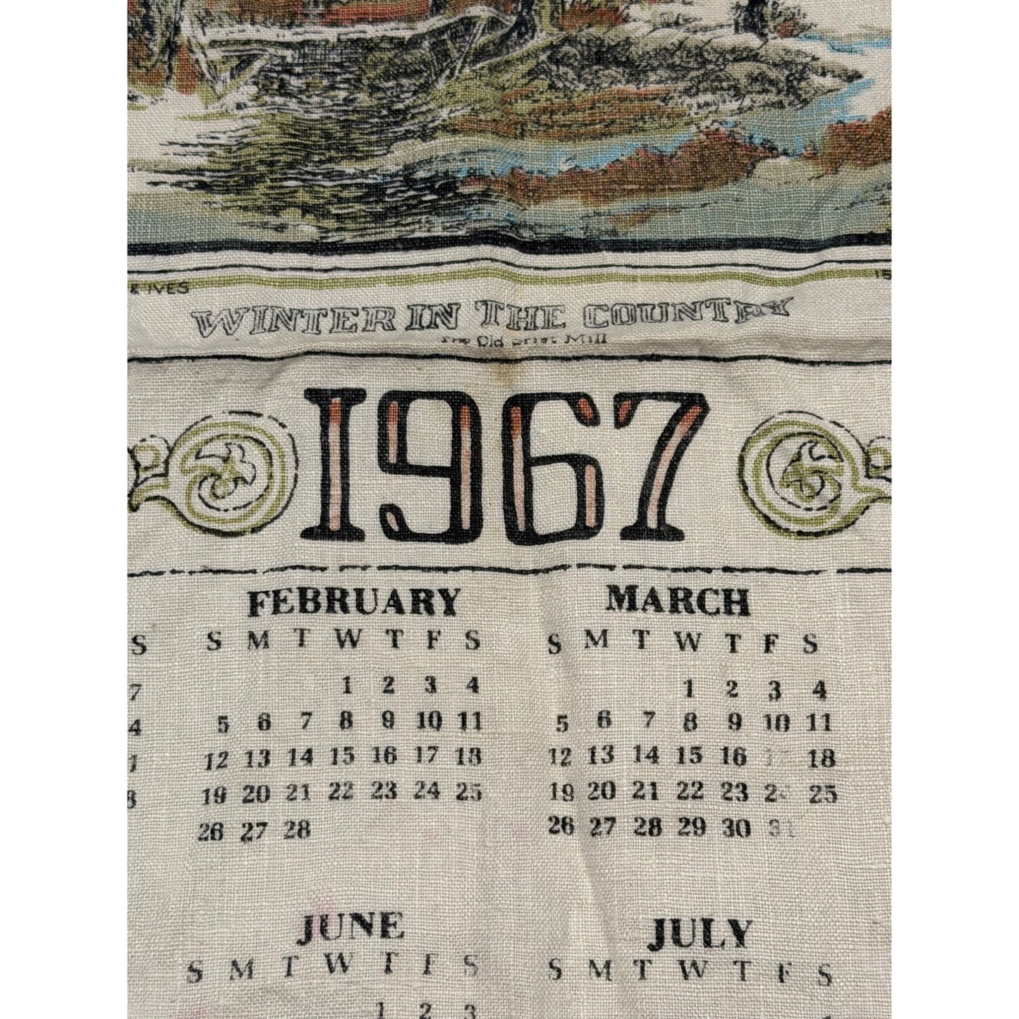 Vintage 1967 Linen Calendar Tea Towel Winter In The Country Old Grist Mill Currier Ives