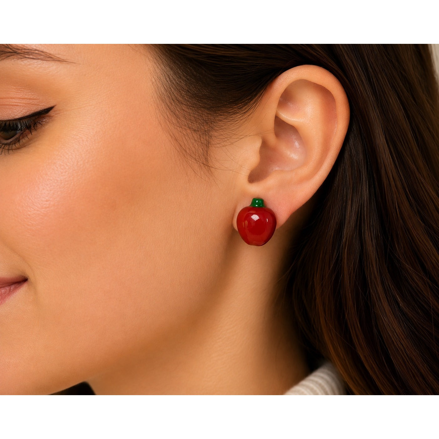Vintage Red Apple Stud Earrings Hand Painted Fruit Novelty Jewelry