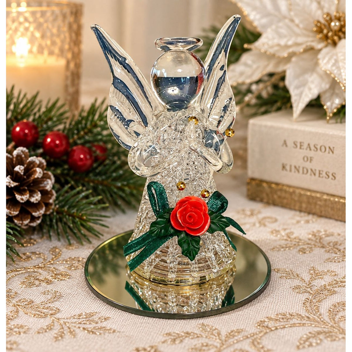 Vintage Spun Glass Angel Figurine Red Rose Mirrored Base 3.75"