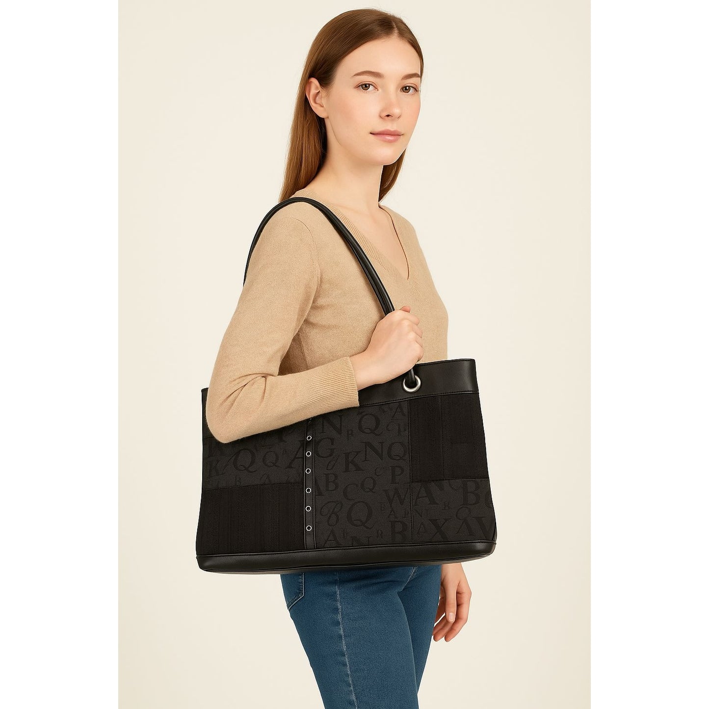Sag Harbor Black Alphabet Patchwork Tote Bag Faux Leather Shoulder Bag Y2K
