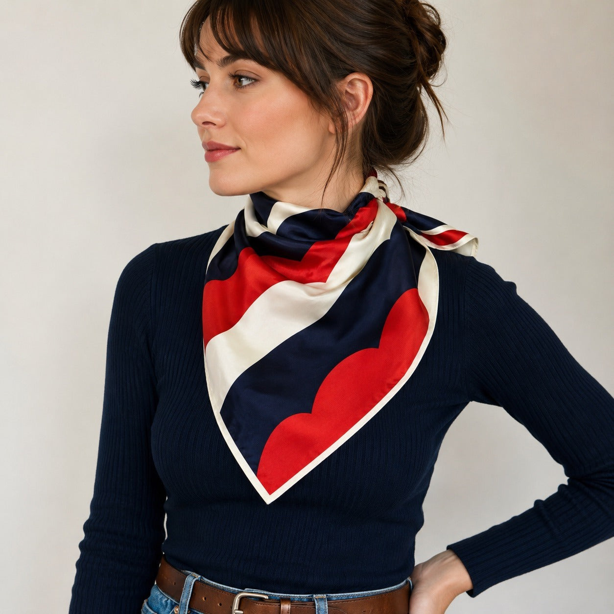 Vintage Geometric Red White Blue Satin Scarf Square Mod Retro 26 Inch