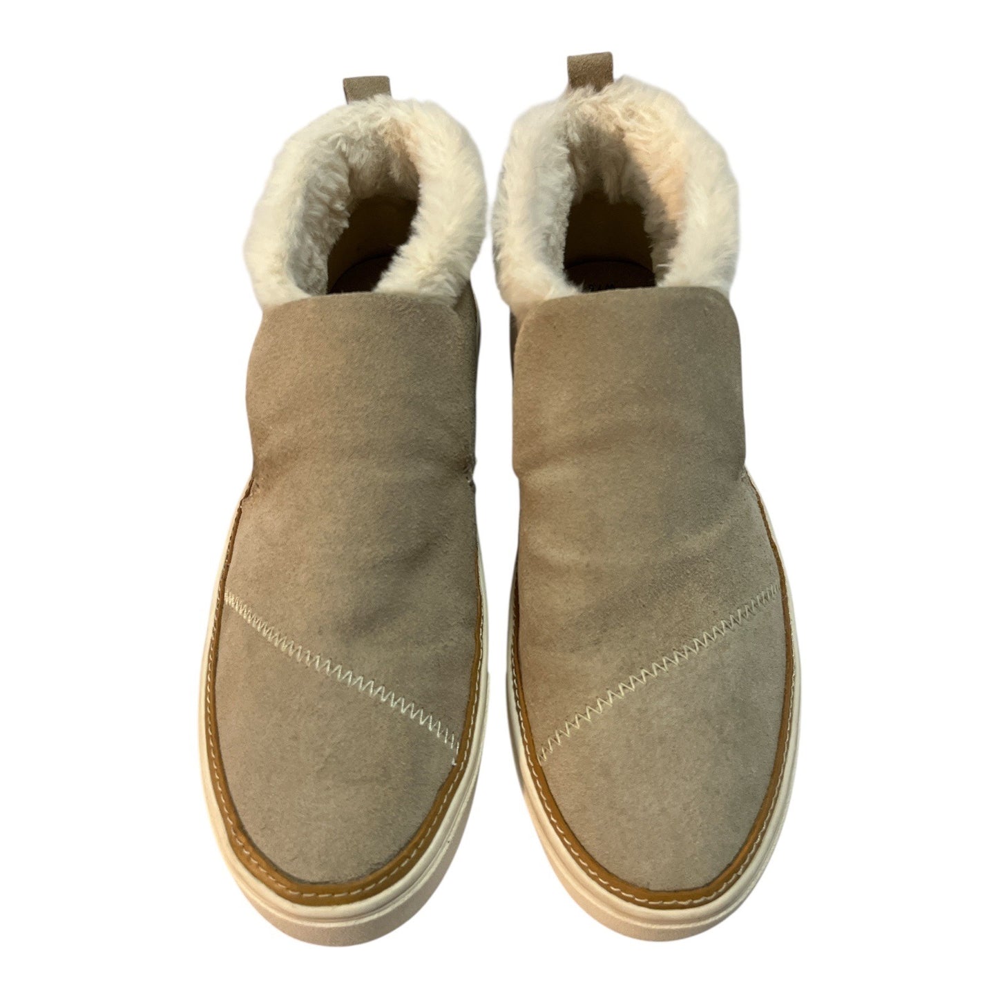 TOMS Women’s W7.5 Suede Slip-On Sneakers – Faux Fur Lined, 100% Leather Upper, Taupe Ankle Shoes, Cozy Winter Comfort