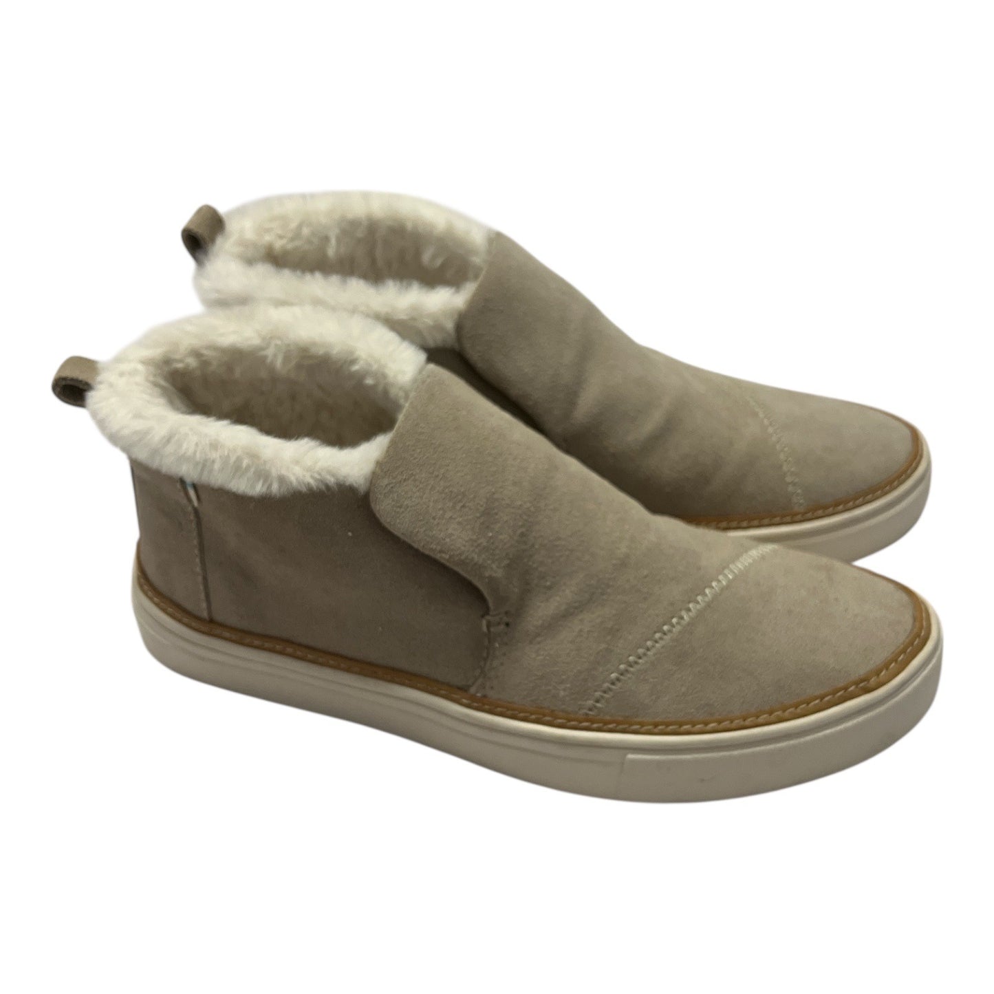 TOMS Women’s W7.5 Suede Slip-On Sneakers – Faux Fur Lined, 100% Leather Upper, Taupe Ankle Shoes, Cozy Winter Comfort
