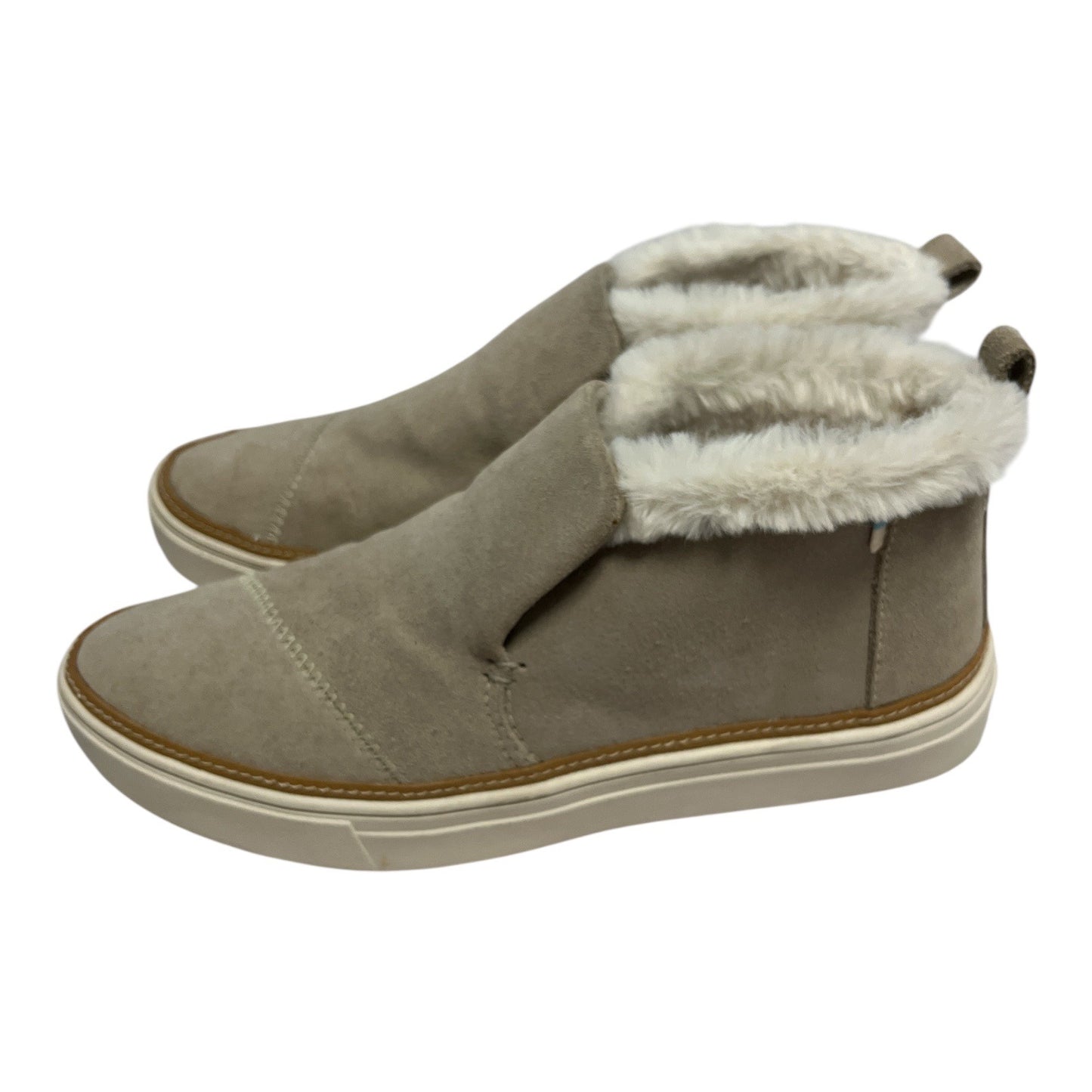 TOMS Women’s W7.5 Suede Slip-On Sneakers – Faux Fur Lined, 100% Leather Upper, Taupe Ankle Shoes, Cozy Winter Comfort