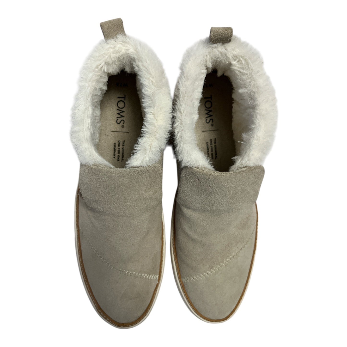 TOMS Women’s W7.5 Suede Slip-On Sneakers – Faux Fur Lined, 100% Leather Upper, Taupe Ankle Shoes, Cozy Winter Comfort
