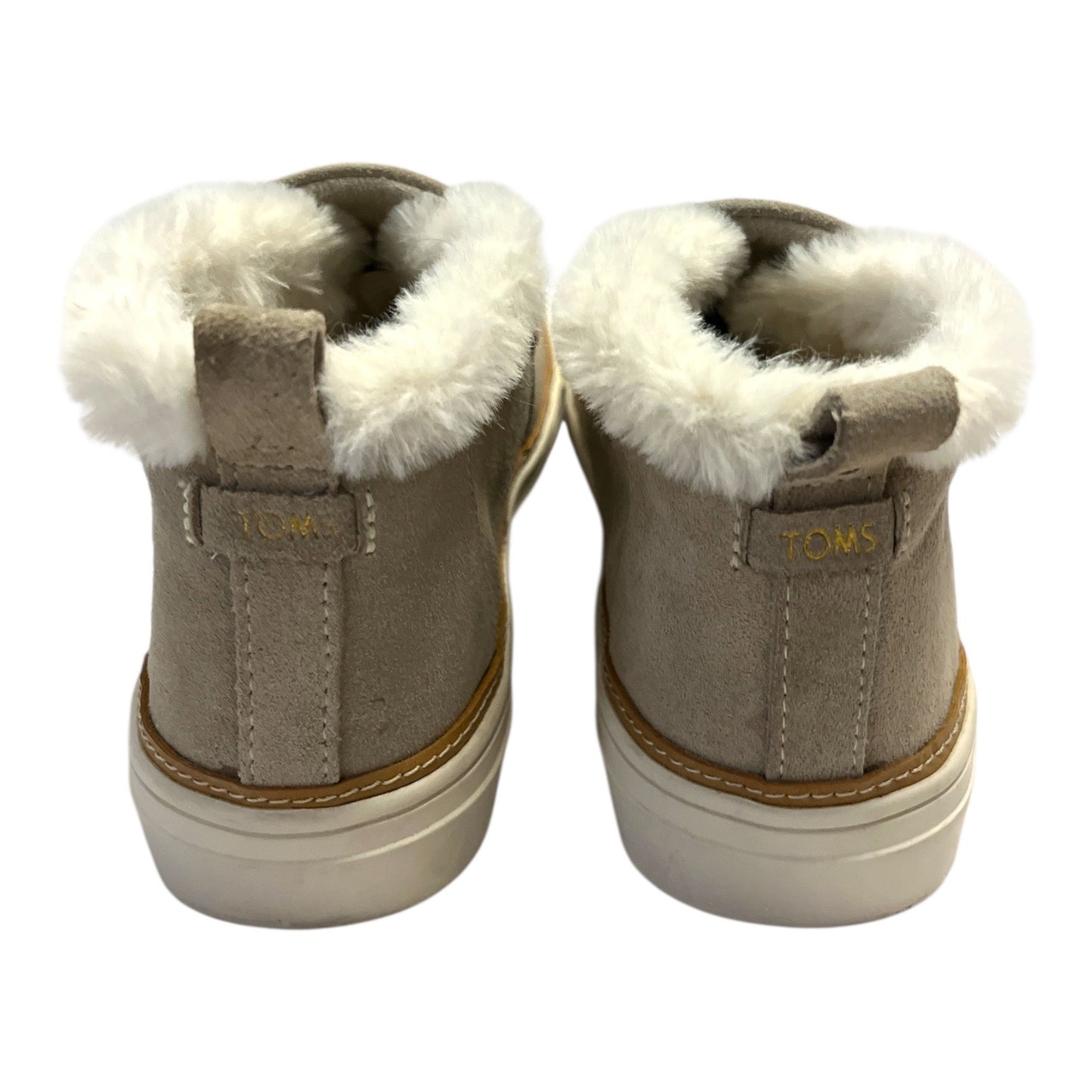 TOMS Women’s W7.5 Suede Slip-On Sneakers – Faux Fur Lined, 100% Leather Upper, Taupe Ankle Shoes, Cozy Winter Comfort