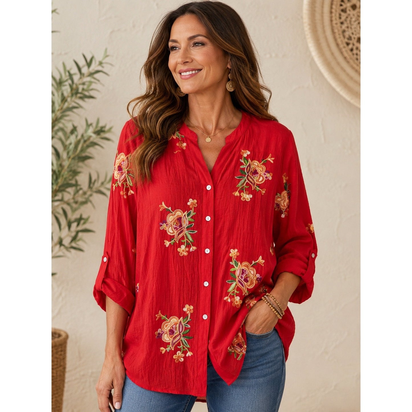 Fig and Flower Women’s Large Red Embroidered Boho Blouse Floral Roll Tab Sleeves
