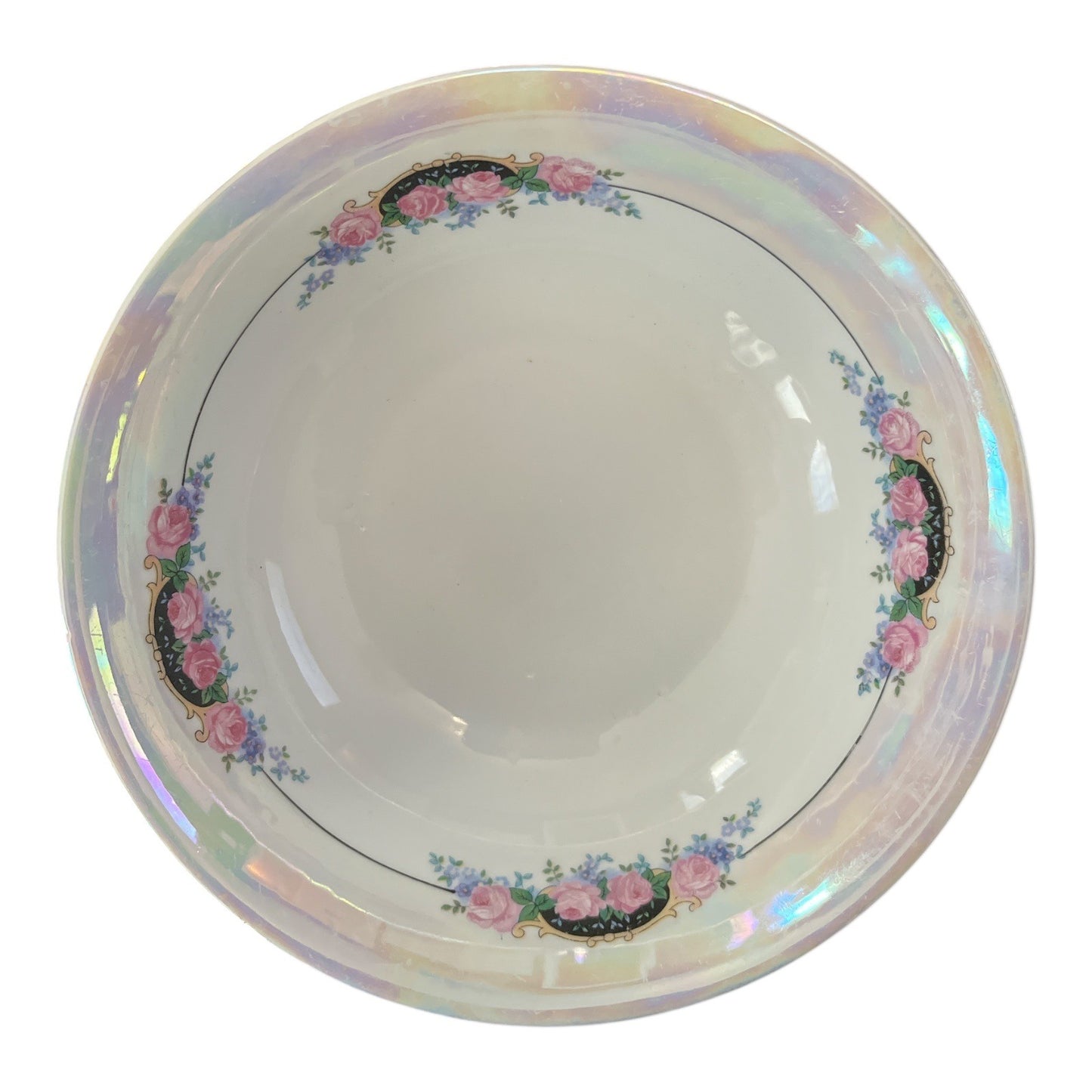 Vintage German Iridescent Floral Bowl – Pink Rose Garland Border – 9" Wide