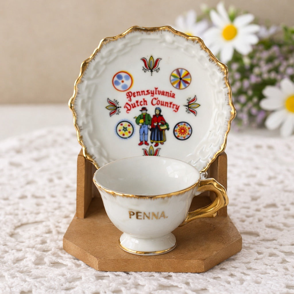 Vintage Pennsylvania Dutch Country Demitasse Cup & Saucer Set Japan Gold Trim Mini Souvenir
