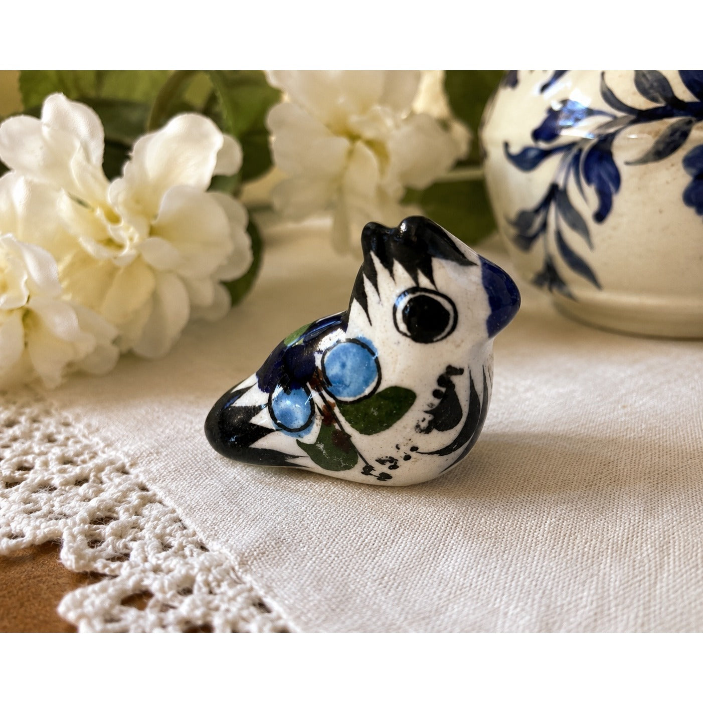 Hand Painted Ceramic Bird Figurine Miniature Blue Floral Pottery Bird Signed 1.5"