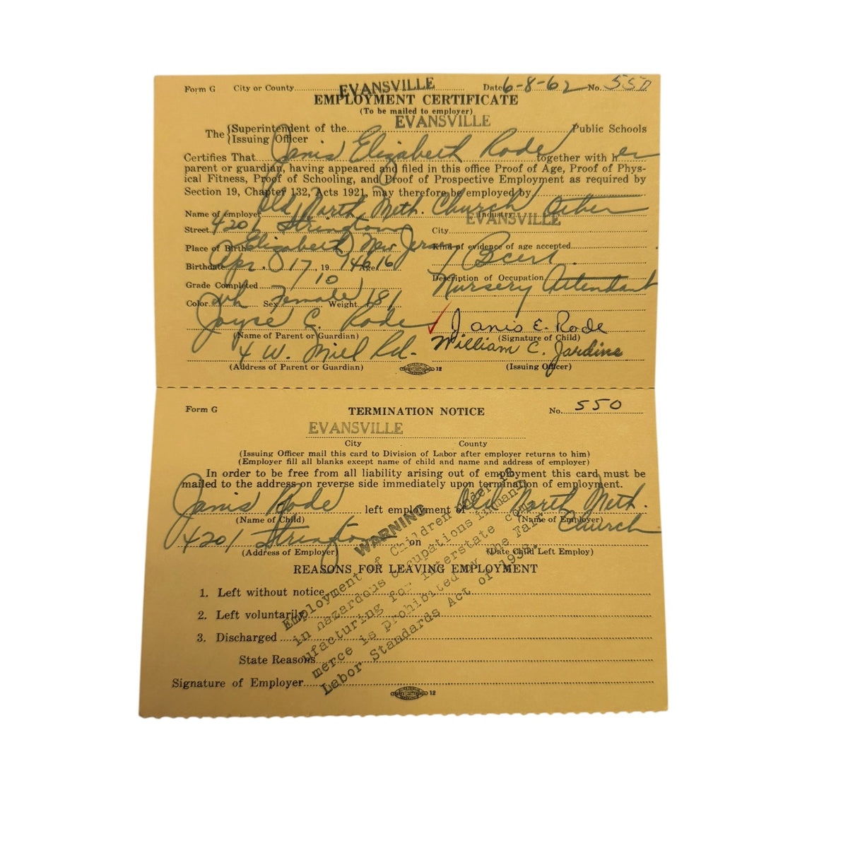 Vintage 1962 Evansville Indiana Child Labor Employment Certificate Work Permit