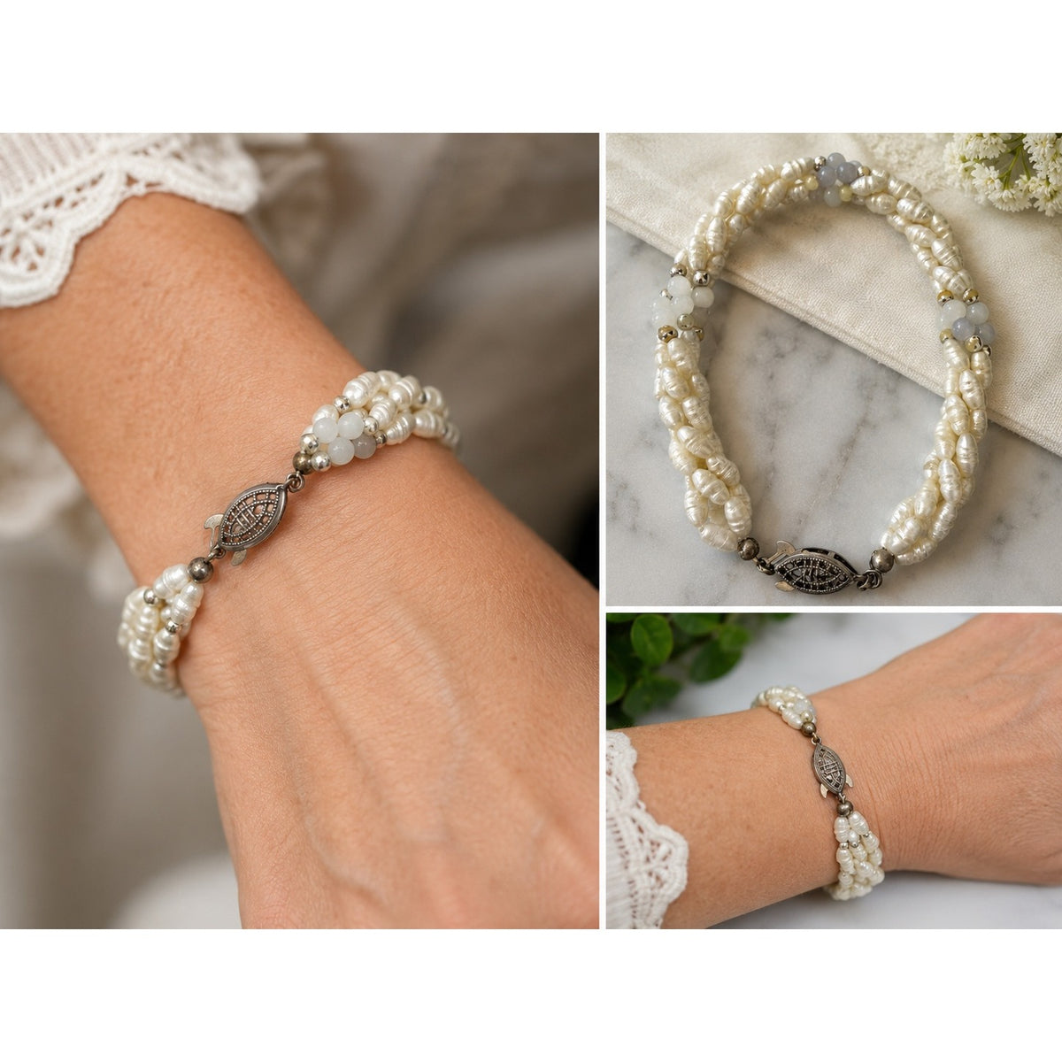Vintage 3 Strand Baroque Freshwater Pearl Bracelet Fish Clasp 7.5"