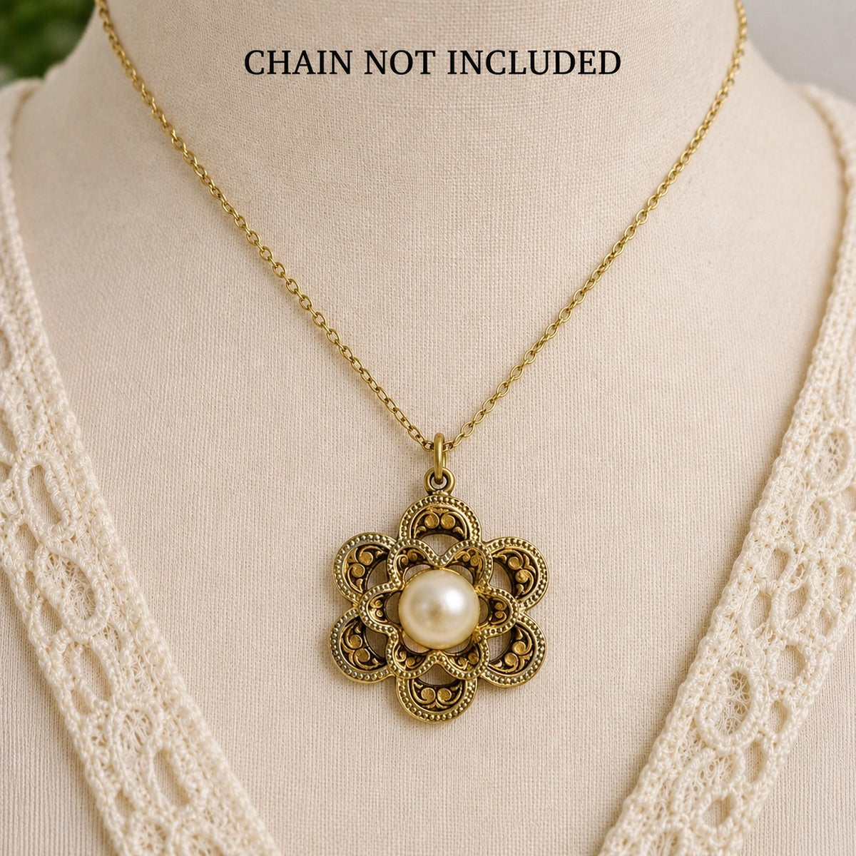 Vintage Faux Pearl Flower Pendant Gold Tone Filigree Floral Charm 1 Inch