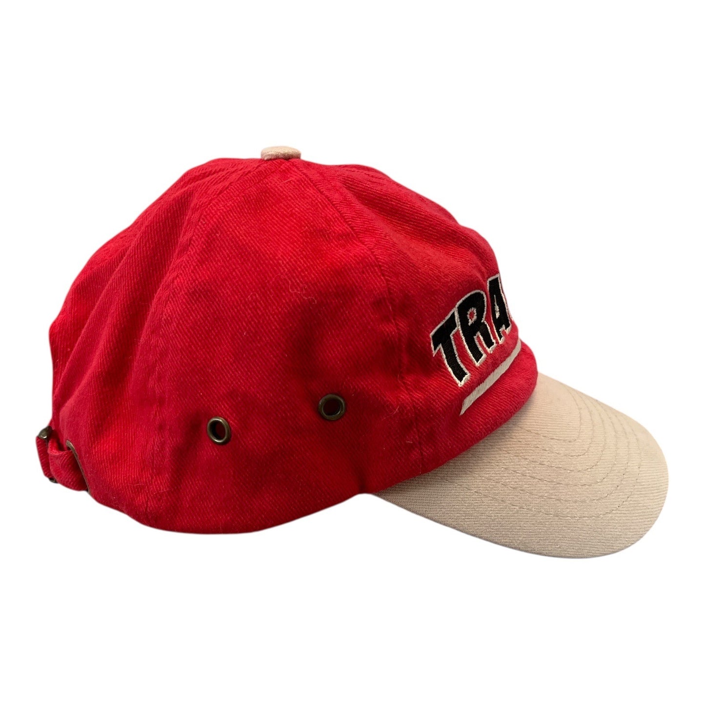 Tracker Boats Embroidered Cap – Red & Beige Cotton Hat – Adjustable Strap – 100% Cotton – 2000s Era