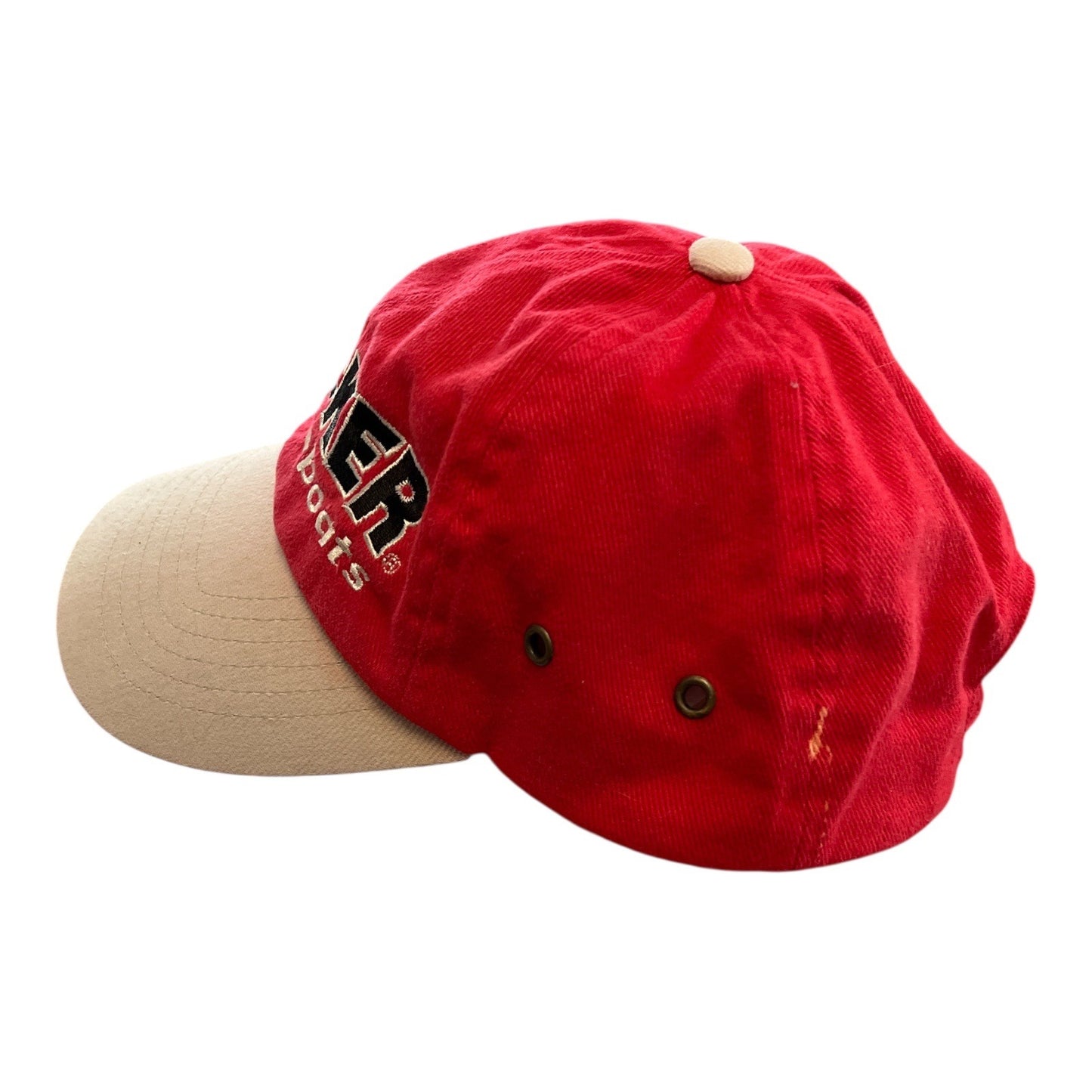 Tracker Boats Embroidered Cap – Red & Beige Cotton Hat – Adjustable Strap – 100% Cotton – 2000s Era