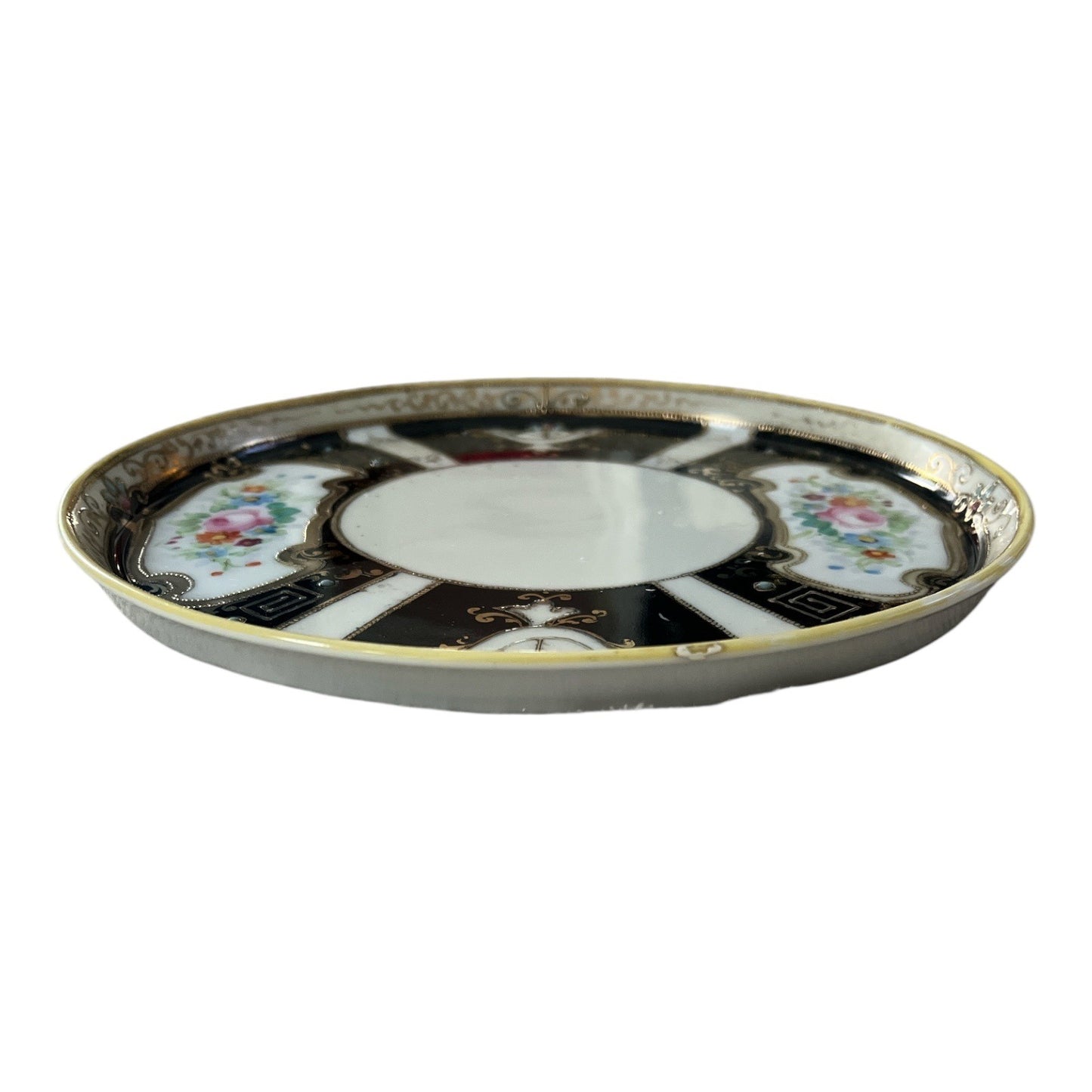 Antique Hand-Painted Nippon Porcelain Saucer, 7" – Moriage Gold Trim, Black & Floral Panels, M Mark