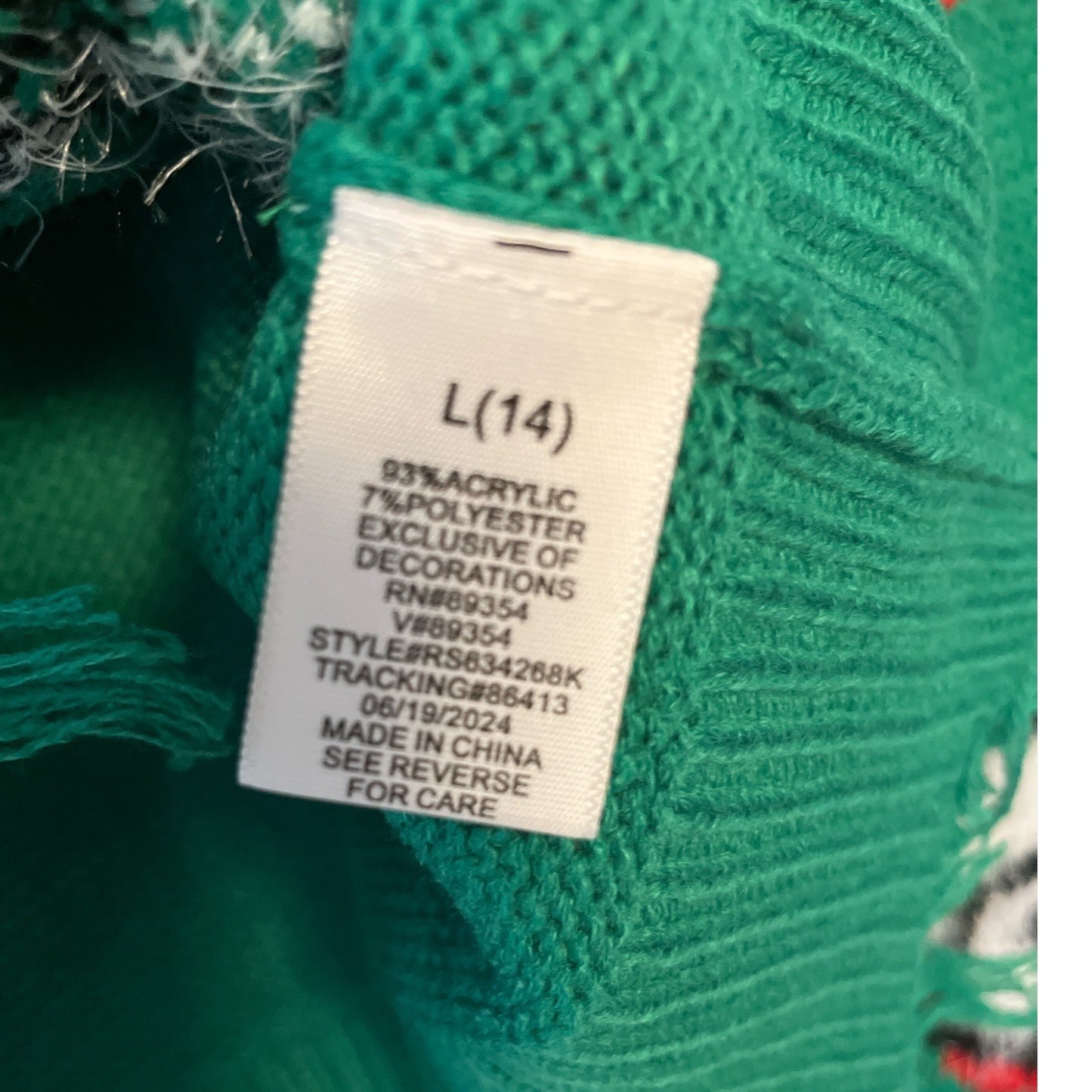 Girls Green Distressed Sweater – Dog Face Pattern w Jingle Bells – Size L