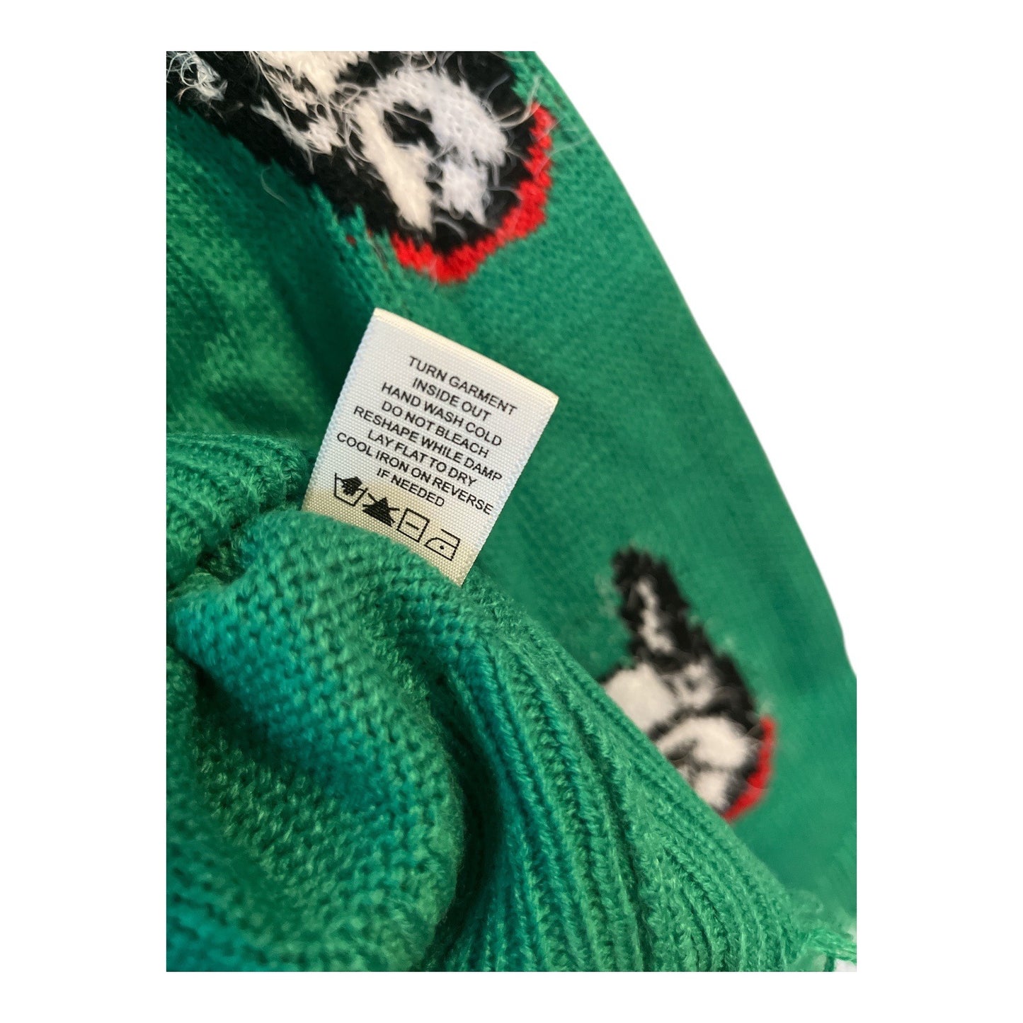 Girls Green Distressed Sweater – Dog Face Pattern w Jingle Bells – Size L