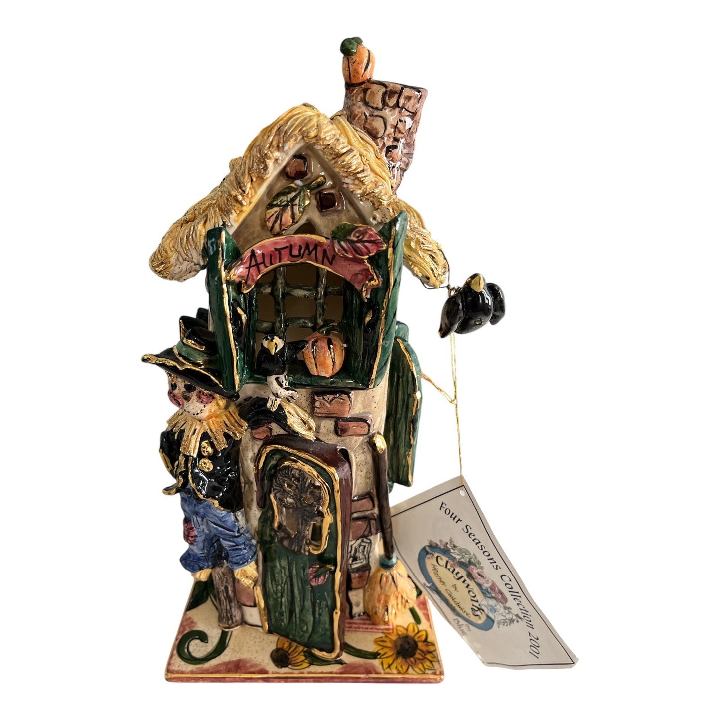 NWT Heather Goldminc Clayworks “Autumn” Four Seasons Collection 2001 Tealight House w/ Base – Blue Sky
