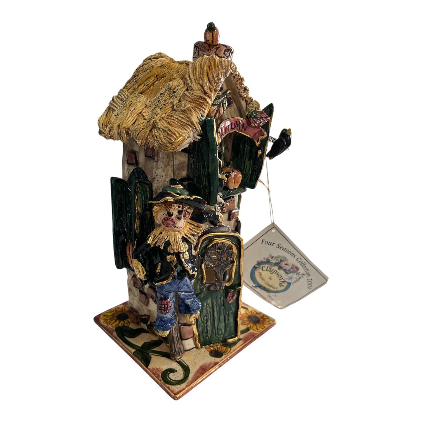 NWT Heather Goldminc Clayworks “Autumn” Four Seasons Collection 2001 Tealight House w/ Base – Blue Sky