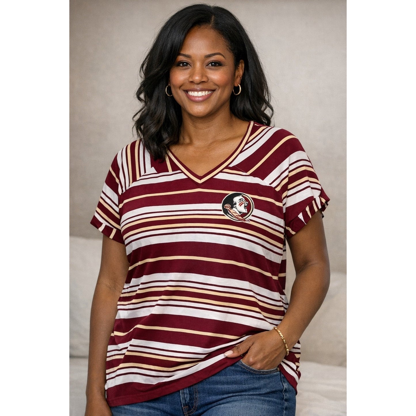 Florida State Seminoles Women’s 1X Striped V-Neck Shirt FSU Logo Cotton Top