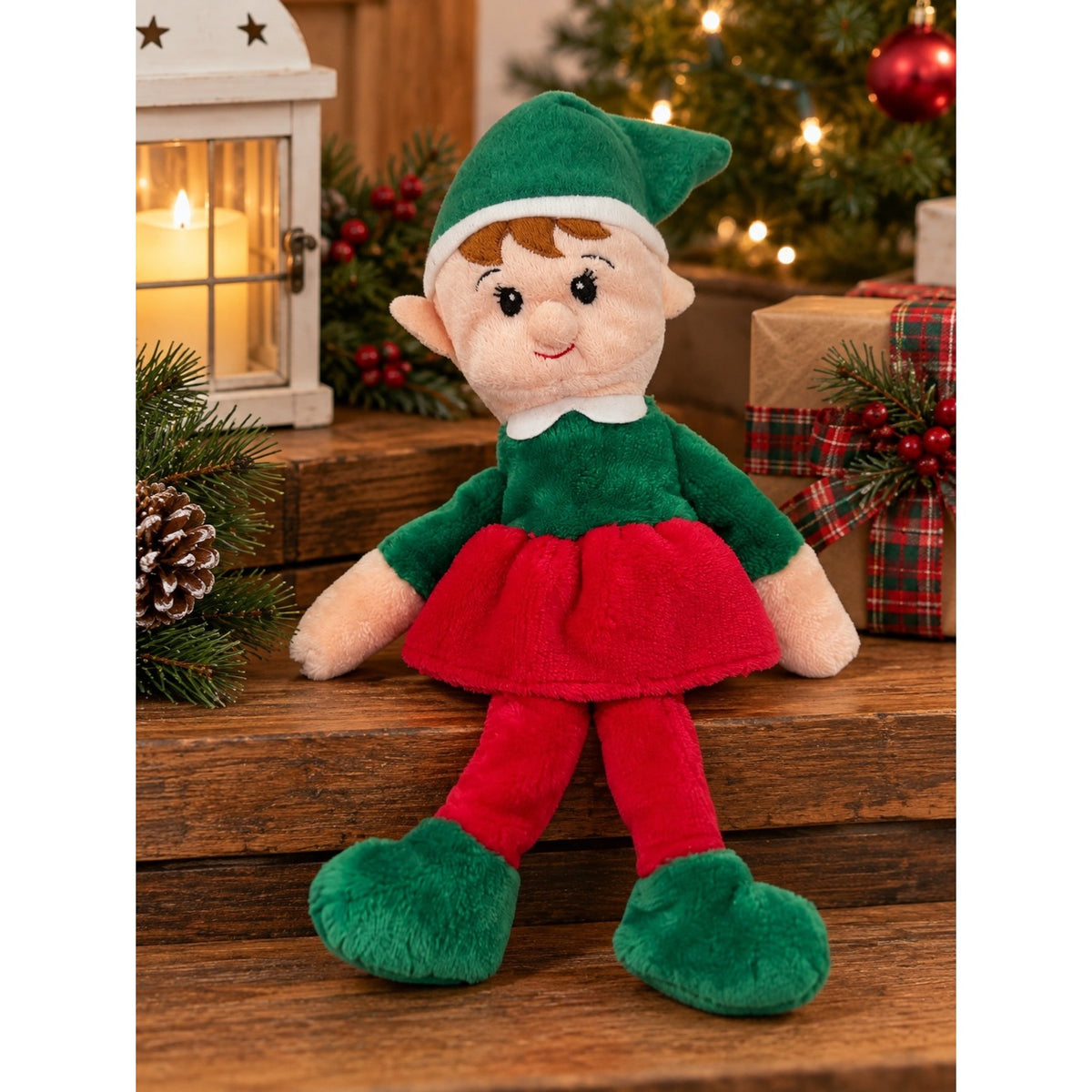 Greenbrier Christmas Girl Elf Plush Doll 12” Red Green Holiday 2015