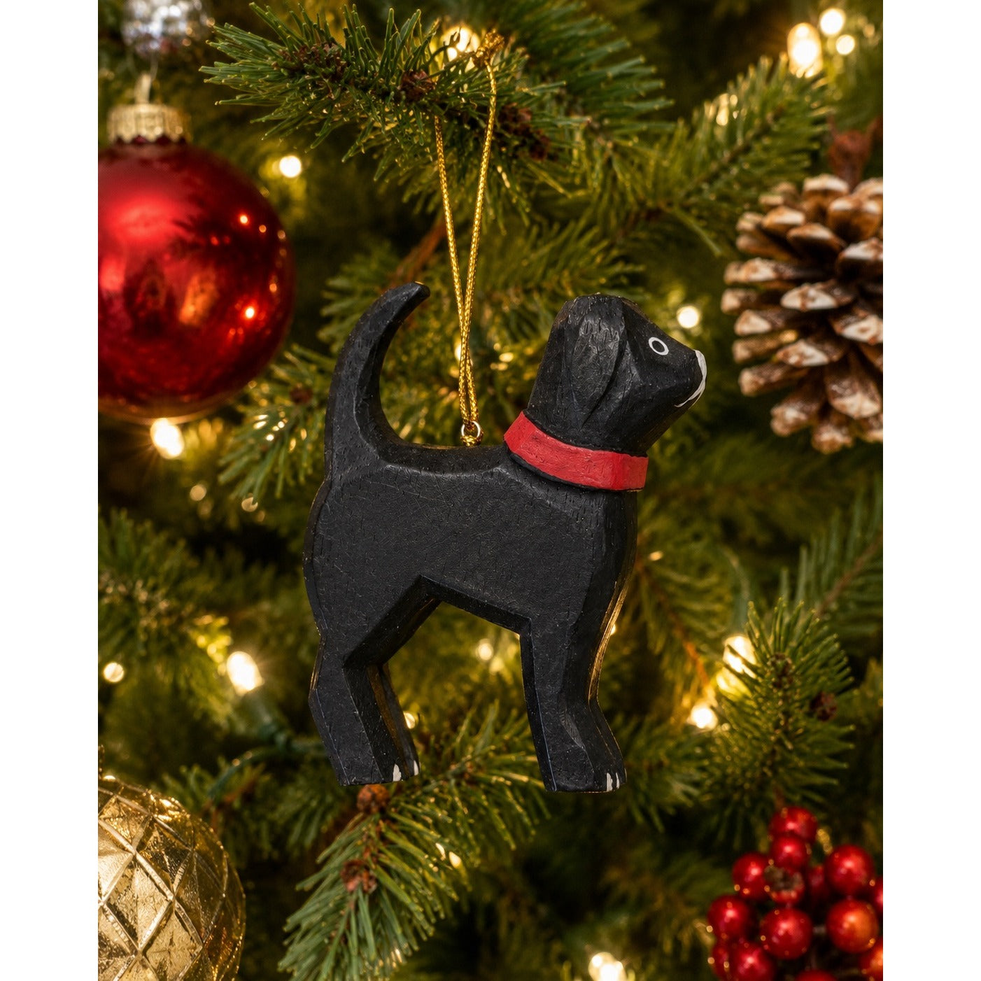 Walker Loden Black Dog Wood Christmas Ornament Red Collar Folk Art in Box