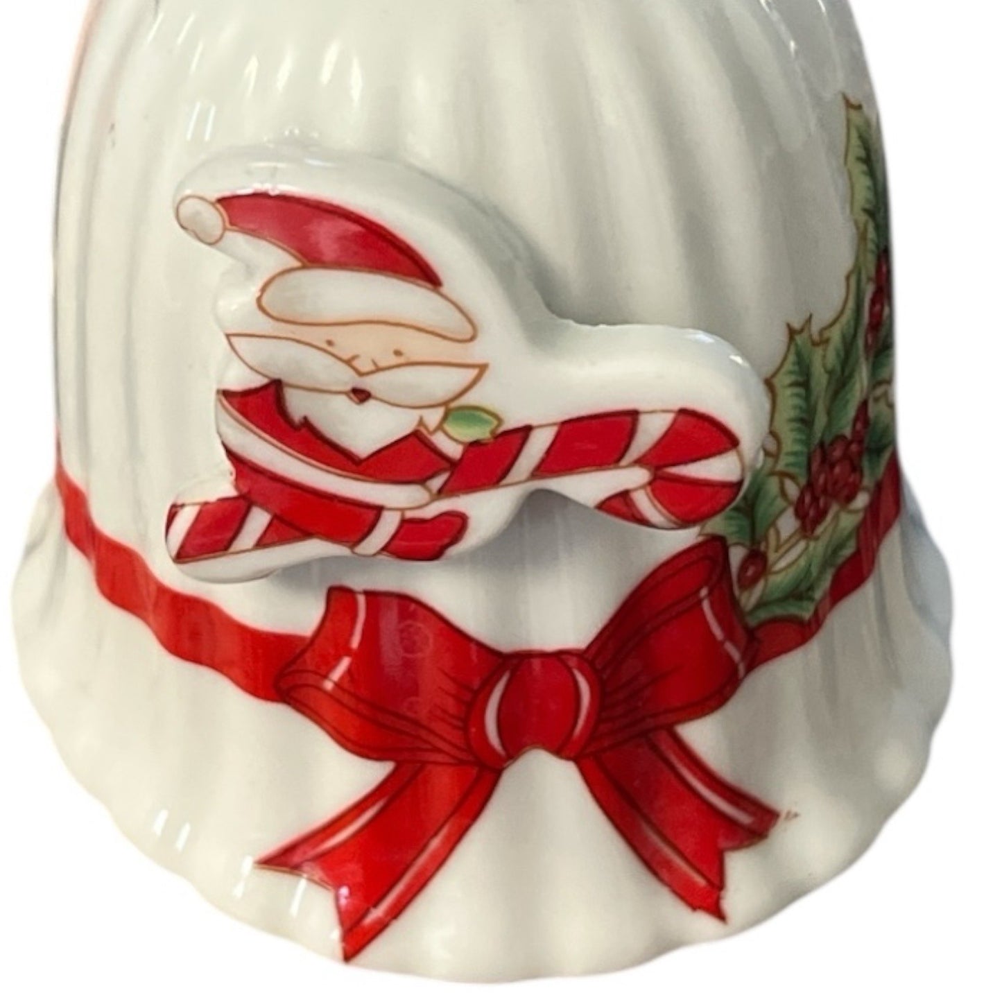Vintage 1980s Ceramic Christmas Bell – Santa with Candy Cane & Holly – Made in Taiwan – 5" x 3"