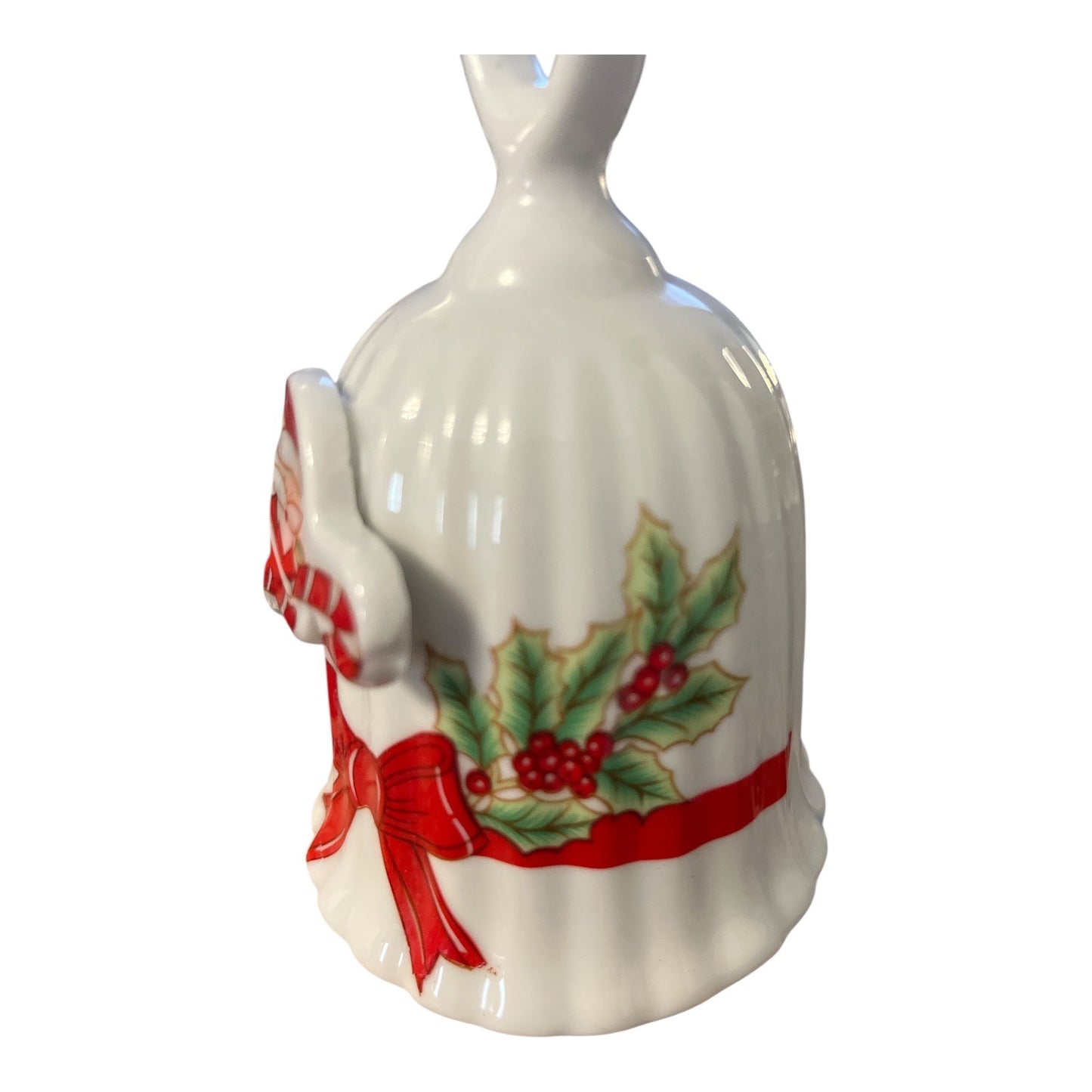 Vintage 1980s Ceramic Christmas Bell – Santa with Candy Cane & Holly – Made in Taiwan – 5" x 3"