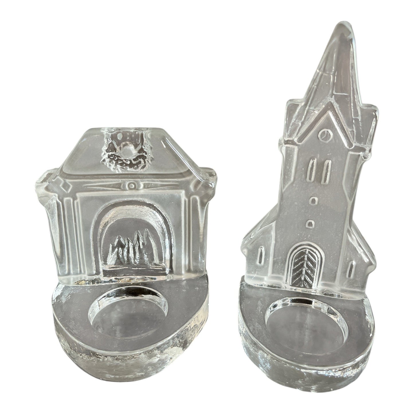 Vtg 1990s–2000s Nybro Sweden Glass Tealight Holders – Fireplace & Church, Scandinavian Crystal
