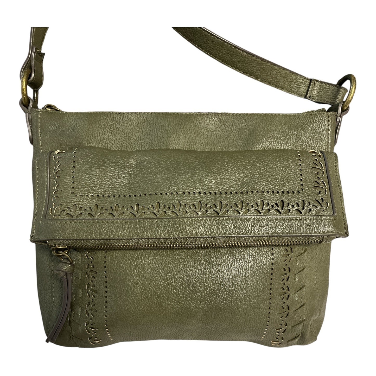 Sonoma Green Faux Leather Crossbody Bag – Cutout Floral Detail