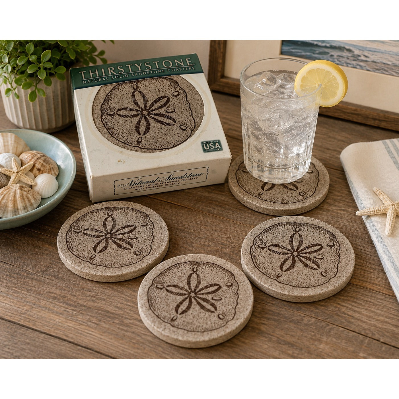 Vintage 2004 Thirstystone Sand Dollar Natural Sandstone Coasters Set of 4 Boxed